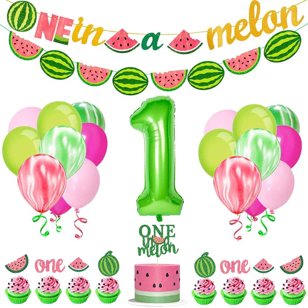 33 PCS Watermelon Party Decorations - Baby Boy Girl 1st Birthday One In A Melon Party Supplies For Kids Include Watermelon Birthday Theme Balloon Paper Banner Cake Topper