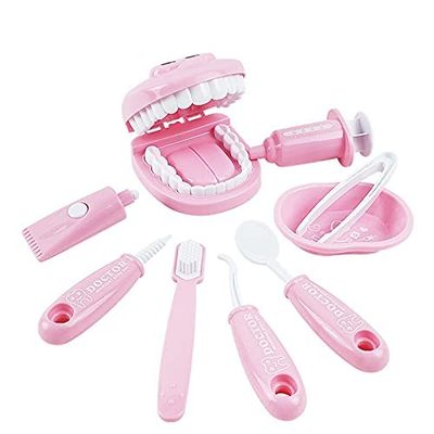 OPTSPTOY 9PCS Plastic Simulation Dentist Play Set Medical Kit Pretend Toy for Kids Hygienic Habbit Cultivation Role Play Game for Children 6 Colors (Purple/Pink/Yellow/Green) OPP Bag Packaging (Pink)