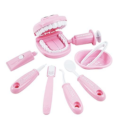 OPTSPTOY 9PCS Plastic Simulation Dentist Play Set Medical Kit Pretend Toy for Kids Hygienic Habbit Cultivation Role Play Game for Children 6 Colors (Purple/Pink/Yellow/Green) OPP Bag Packaging (Pink)