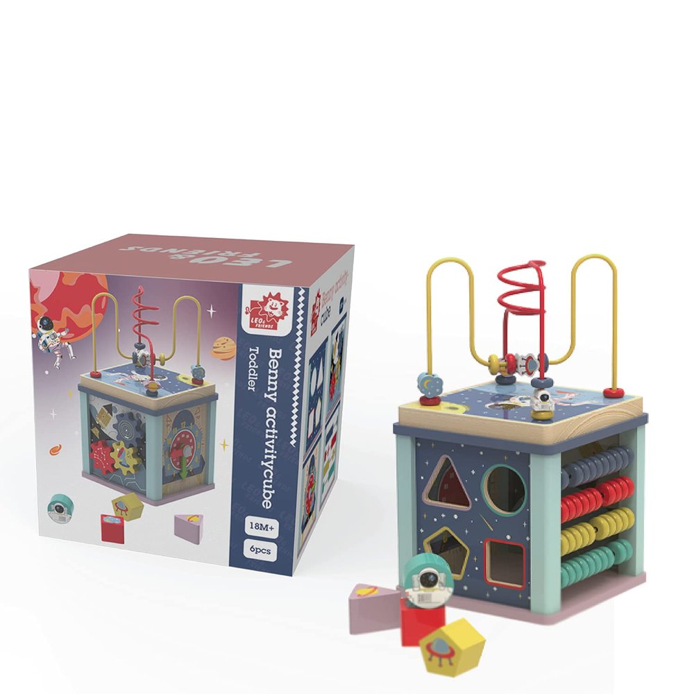 LEO & FRIENDS Benny Toddler Wooden Activity Cube, 6-Piece Educational Play Set and Puzzle | Baby Toy with Bead Maze for Boys and Girls | Endless Activity Options, Perfect Birthday Present