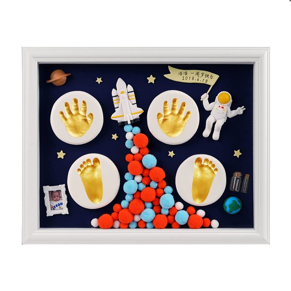 006 Baby Hand or Footprint Ornament and Picture Frame,Personalized Non-Toxic DIY Infants Clay Souvenir Ornament Kit for Boys and Girls, Astronaut Interstellar Baby Photo Frame