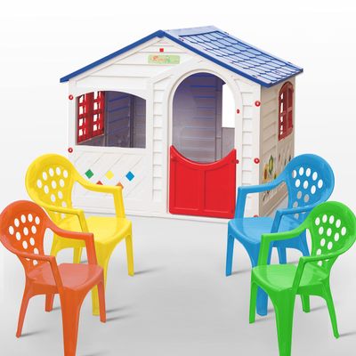 Casa Mia Colorful Playhouse and 4 Stackable Chairs - 3' 9" Tall House - Doors, Windows, Never Rusts - Lightweight PolyPure Plastic - Made in Italy - Ages 2-6 - Easy to Assemble - Indoor or Outdoor