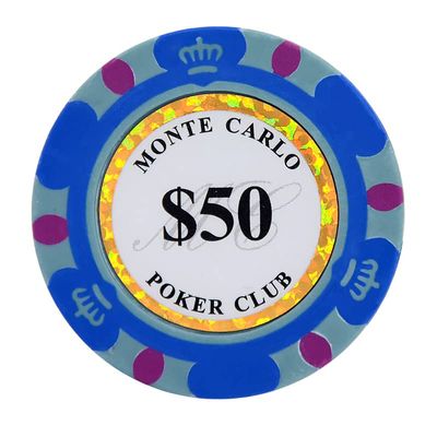 Clay Poker Chips 14 Gram Monte Carlo-Pack of 50 Chips ($50 Blue)