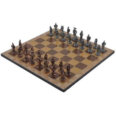 Metal Chess Set for Adults Spanish Royal Guards Antique Copper Figures,Handmade Pieces and Different Design Wooden Chess Board (Rustic)