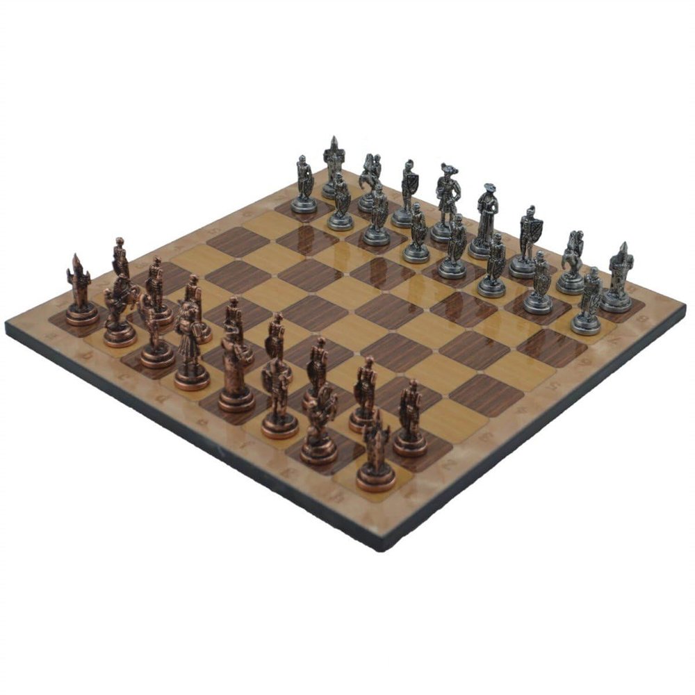 Metal Chess Set for Adults Spanish Royal Guards Antique Copper Figures,Handmade Pieces and Different Design Wooden Chess Board (Rustic)