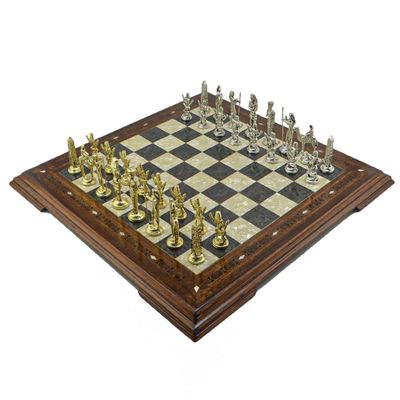 Ancient Egypt Pharaoh Figures Metal Chess Set for Adults,Handmade Pieces and Vintage Design Natural Solid Wooden Chess Board with Original Pearl Around Board King 3.5 inc (Gold-Silver)