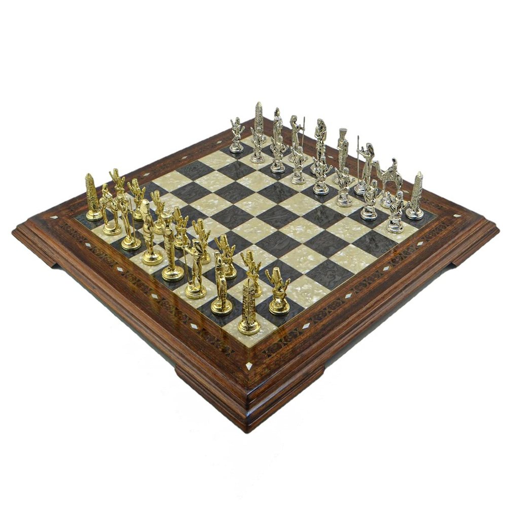 Ancient Egypt Pharaoh Figures Metal Chess Set for Adults,Handmade Pieces and Vintage Design Natural Solid Wooden Chess Board with Original Pearl Around Board King 3.5 inc (Gold-Silver)