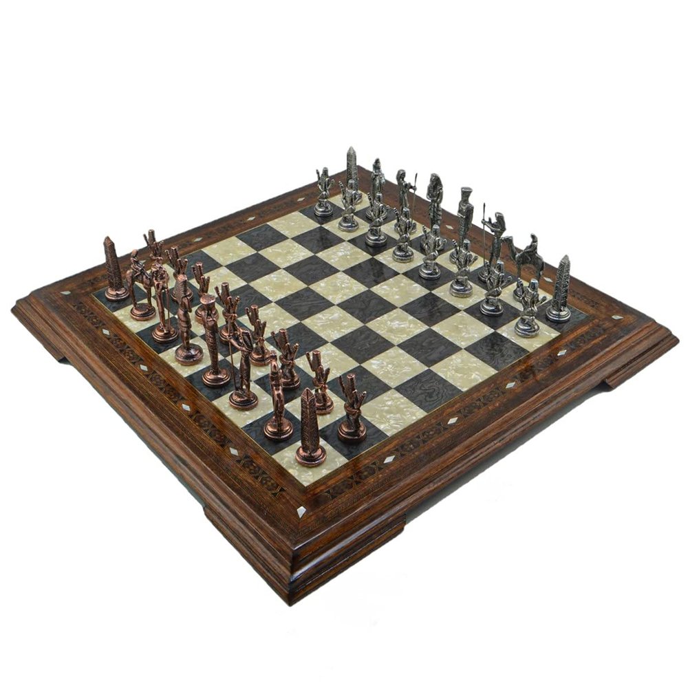 Ancient Egypt Pharaoh Figures Metal Chess Set for Adults,Handmade Pieces and Vintage Design Natural Solid Wooden Chess Board with Original Pearl Around Board King 3.5 inc (Antique Copper)
