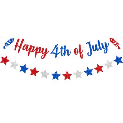 CAVLA Glittery Happy 4th of July Banner and Glitter Stars Banner Red White Blue Patriotic Fourth of July Garland Banner with Fireworks Signs Independence Day Memorial Day Party Decorations Supplies