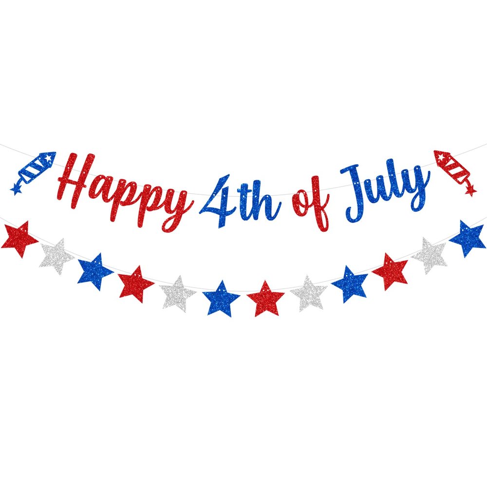 CAVLA Glittery Happy 4th of July Banner and Glitter Stars Banner Red White Blue Patriotic Fourth of July Garland Banner with Fireworks Signs Independence Day Memorial Day Party Decorations Supplies