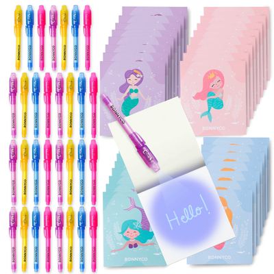 BONNYCO Invisible Ink Pen and Notebook Pack 32, Mermaid Party Favors for Kids. Magic Spy Pen Goodie Bags Stuffers for Kids, Mermaid Party Supplies. Goody Bag Stuffers, Return Gifts Birthday Prizes