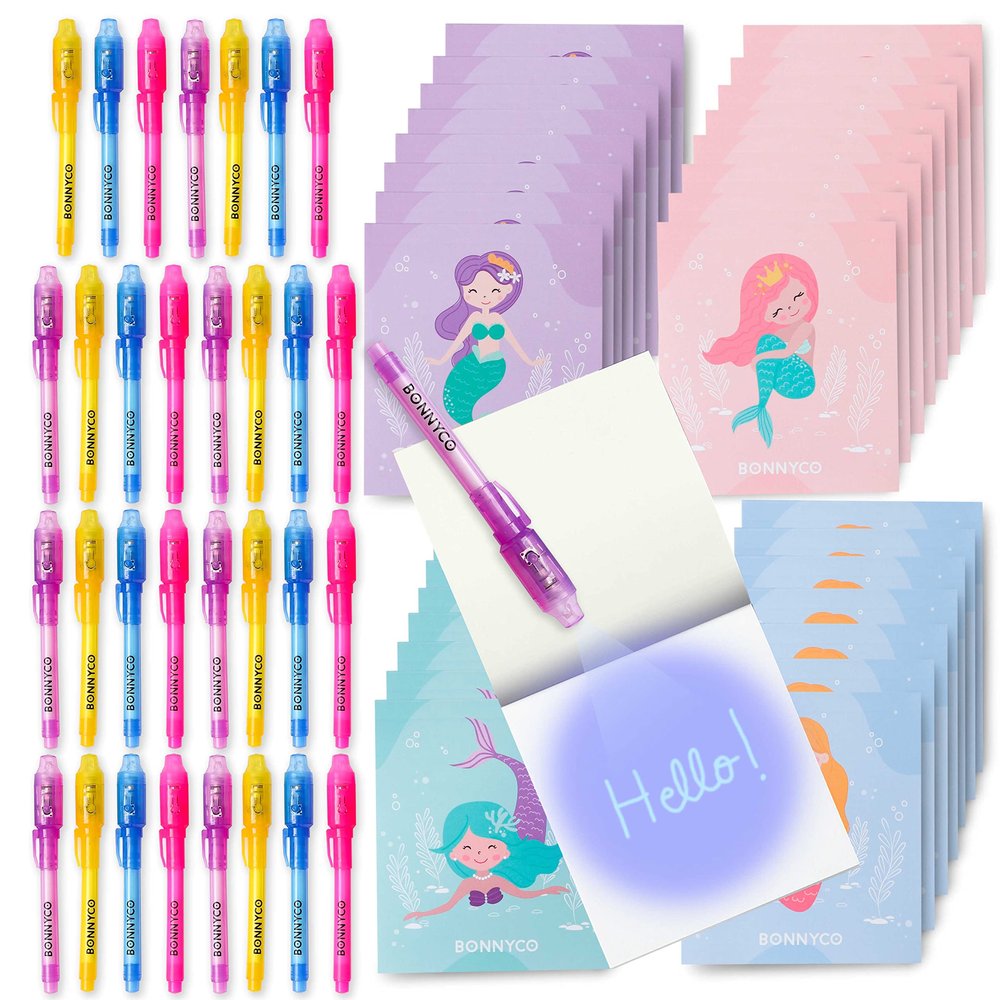 BONNYCO Invisible Ink Pen and Notebook Pack 32, Mermaid Party Favors for Kids. Magic Spy Pen Goodie Bags Stuffers for Kids, Mermaid Party Supplies. Goody Bag Stuffers, Return Gifts Birthday Prizes