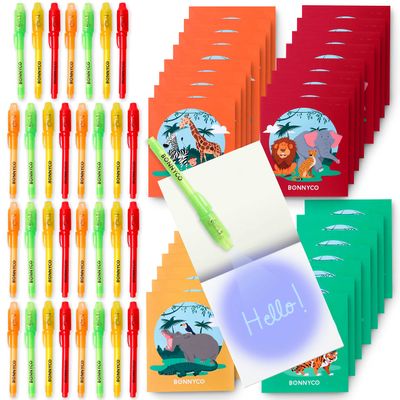 BONNYCO Invisible Ink Pen and Notebook Pack 32, Safari Party Favors for Kids. Magic Spy Pen, Goodie Bags Stuffers for Kids. Jungle Goody Bag Stuffers, Return Gifts Birthday. Classroom Prizes Students