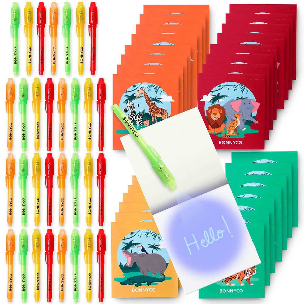 BONNYCO Invisible Ink Pen and Notebook Pack 32, Safari Party Favors for Kids. Magic Spy Pen, Goodie Bags Stuffers for Kids. Jungle Goody Bag Stuffers, Return Gifts Birthday. Classroom Prizes Students