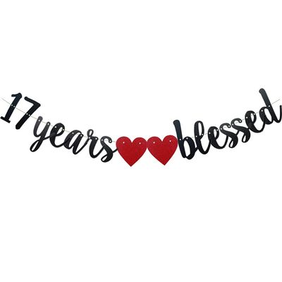 17 Years Blessed Banner,Pre-Strung, Black Paper Glitter Party Decorations For 17TH Wedding Anniversary 17 Years Old 17TH Birthday Party Supplies Letters Black ZHAOFEIHN