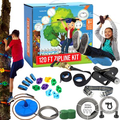 Zip Line Kit for Kids and Adults, 100/120/150/200ft, Up to 350 Lbs, Removable Trolley, Rustproof Stainless Steel, Quick Setup with Ratchet, Safety Harness, Backyard Adventure Fun W/Climbing Holds