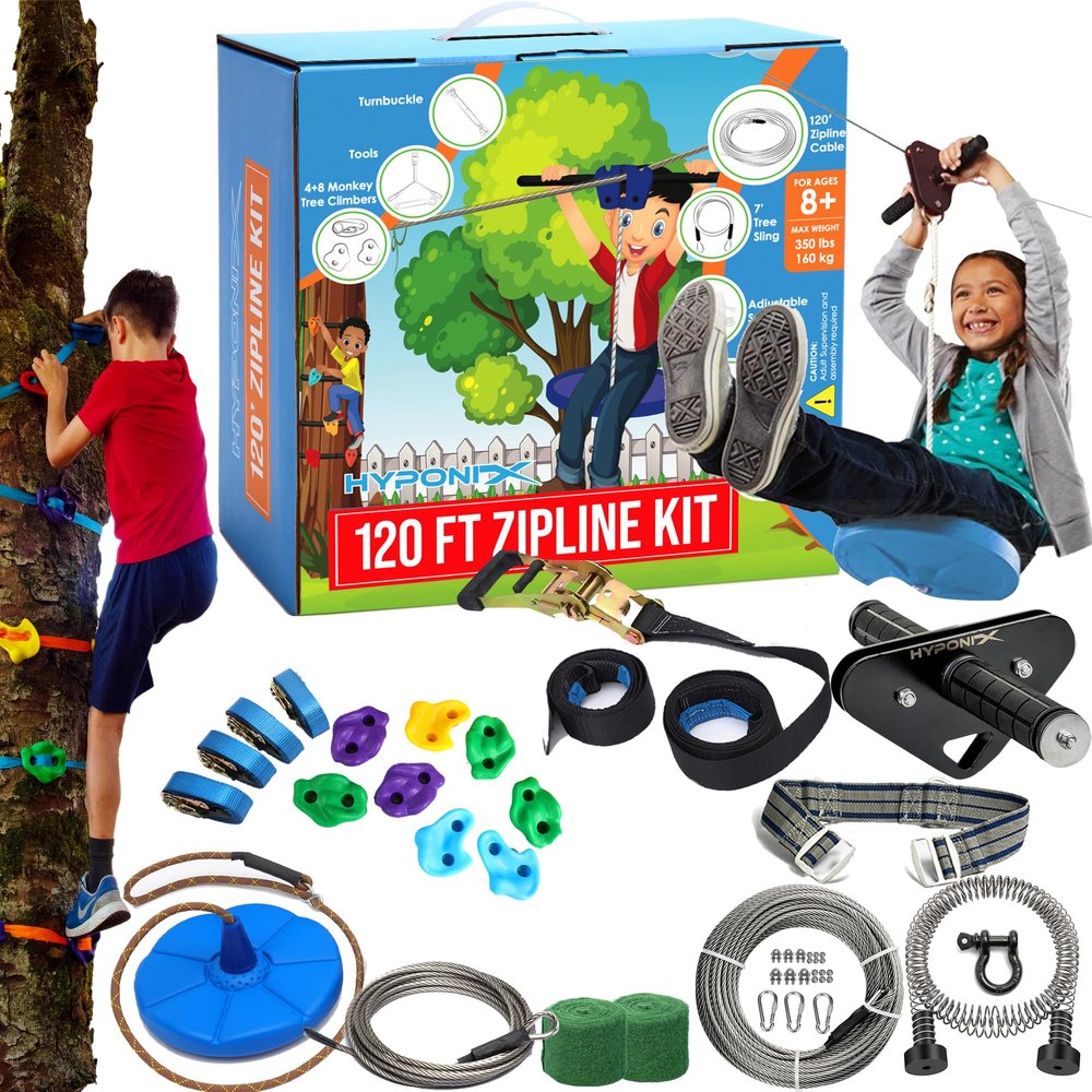Zip Line Kit for Kids and Adults, 100/120/150/200ft, Up to 350 Lbs, Removable Trolley, Rustproof Stainless Steel, Quick Setup with Ratchet, Safety Harness, Backyard Adventure Fun W/Climbing Holds