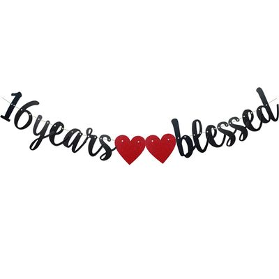 16 Years Blessed Banner,Pre-Strung, Black Paper Glitter Party Decorations For 16TH Wedding Anniversary 16 Years Old 16TH Birthday Party Supplies Letters Black ZHAOFEIHN