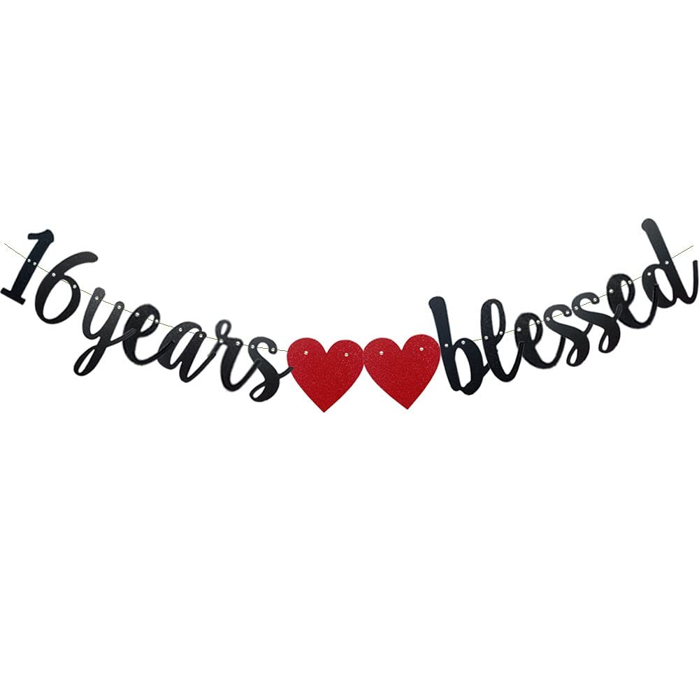 16 Years Blessed Banner,Pre-Strung, Black Paper Glitter Party Decorations For 16TH Wedding Anniversary 16 Years Old 16TH Birthday Party Supplies Letters Black ZHAOFEIHN