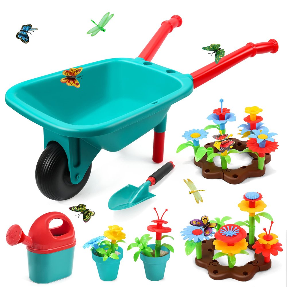 CUTE STONE Kids Gardening Tool Set, Garden Toys with Wheelbarrow, Watering Can, Shovel, Flower Garden Building Toy, Pretend Play Outdoor Indoor Activities Stem Toy Gifts for Boys Girls