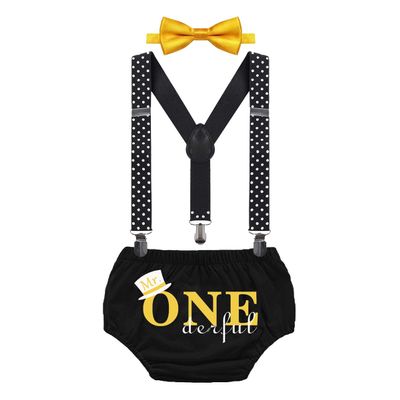 FMYFWY Mr. ONE Derful 1st Birthday Outfit Boy Cake Smash Photo Props Baby Shower Costume Bloomers Suspenders Bowtie Set Black