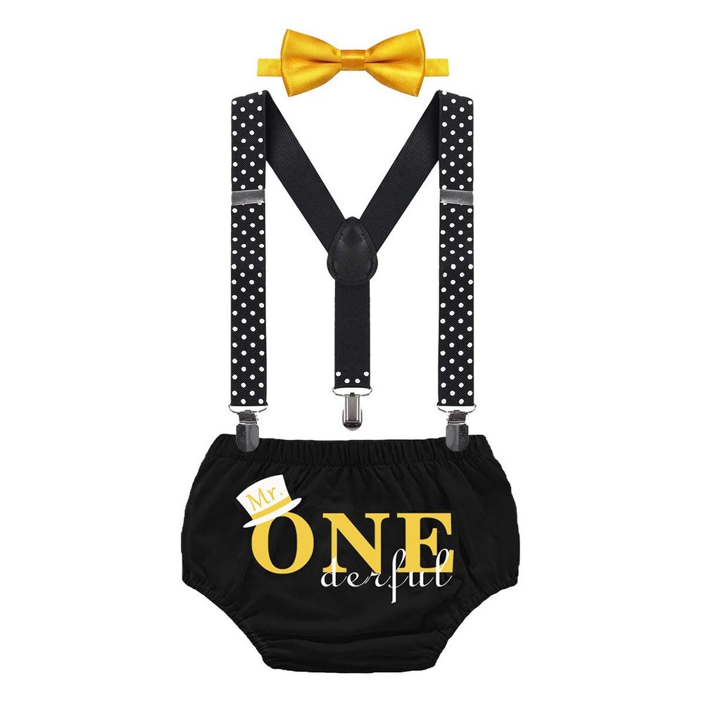 FMYFWY Mr. ONE Derful 1st Birthday Outfit Boy Cake Smash Photo Props Baby Shower Costume Bloomers Suspenders Bowtie Set Black