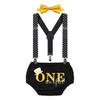 FMYFWY Mr. ONE Derful 1st Birthday Outfit Boy Cake Smash Photo Props Baby Shower Costume Bloomers Suspenders Bowtie Set Black view 1