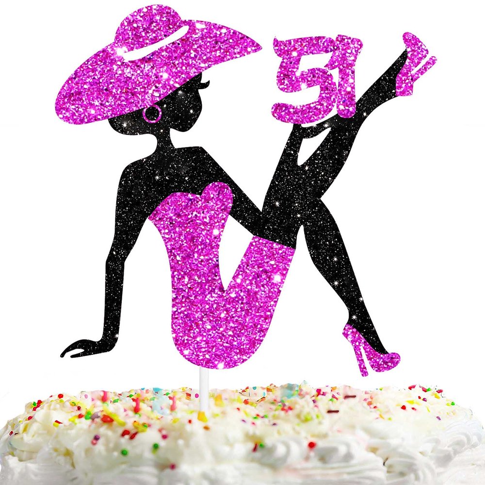 Sitting Girl Cake Topper Picks for Girl Lady 51st Birthday Makeup Spa Theme Party Decoration Supplies 51 Silhouette High Heeled Girl Cake Decor Purple Glitter