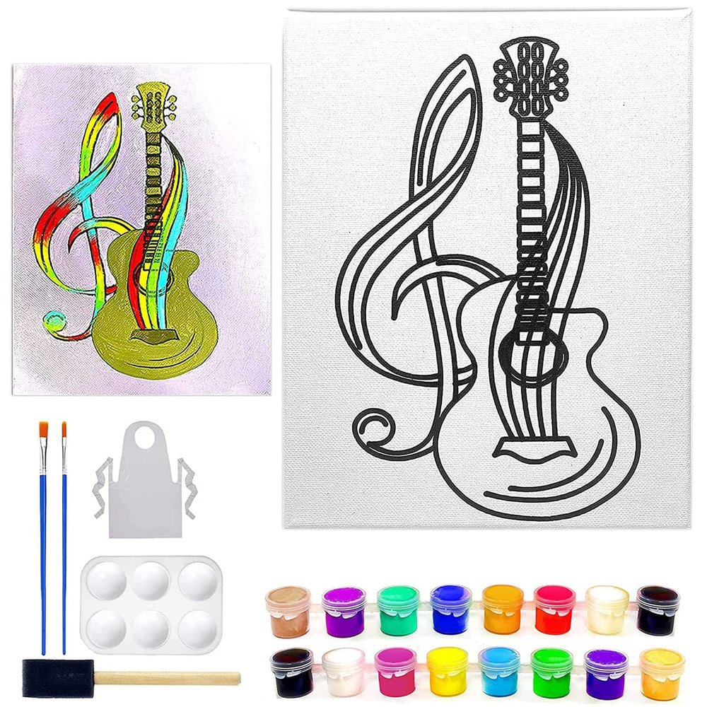 11 x 14 Guitar Melody Canvas Painting Kit | Music Theme Pre Drawn Stretched Canvas | Birthday Gift | Adults and kids Paint Party Favor | DIY PARTY