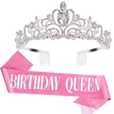 COCIDE Birthday Silver Tiara and Crowns for Women, Sash for Girls, Pink Birthday Decorations Set, Rhinestone Headband Hair Accessories, Glitter Sash for Party