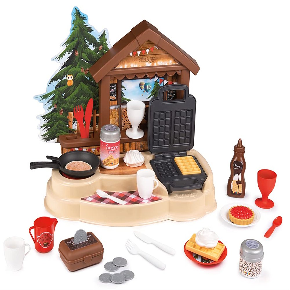 Smoby - Chalet Gourmand - Merchant for Children - Waffle Maker - Pancake Pan - Coins and Coin Holder Included - 30 Accessories - 310557