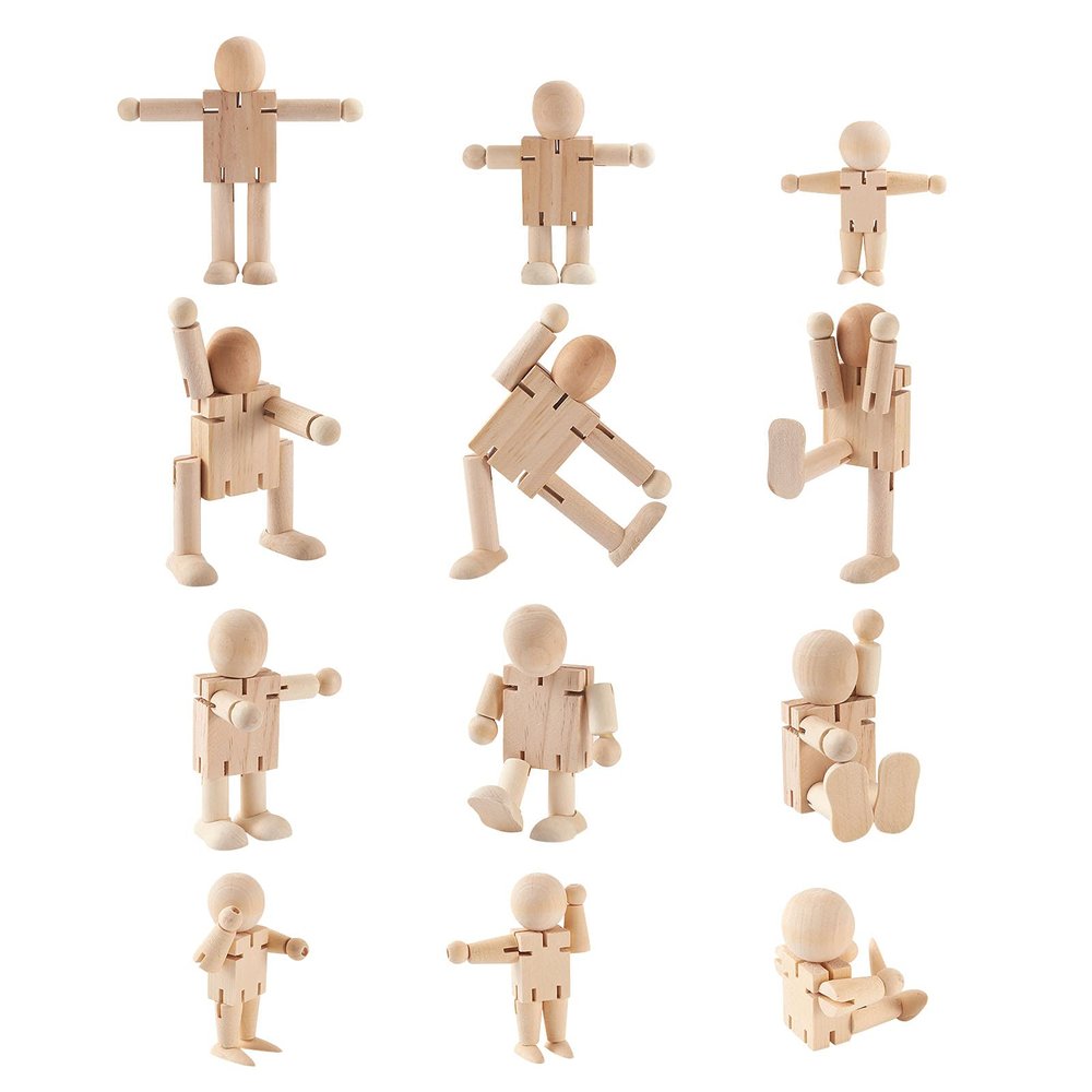 Fashewelry 12Pcs Unfinished Wooden Robot Bodies Wood Peg Dolls Joint Adjustable Wooden Figures Wooden Doll for DIY Hand Painting Craft Art Peg Game Party Decoration, 3 Sizes