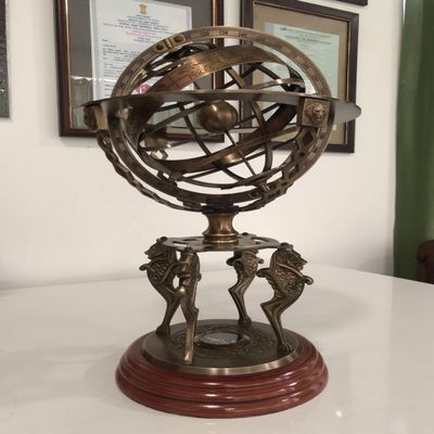 Antique Brass 18" Armillary Sphere Globe Astrolabe Zodiac Engraved Celestial Globe Wooden Base with Compass