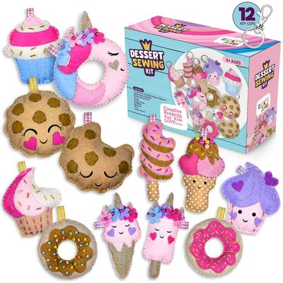 12 Pre-Cut Mini Treats Dessert Fun Kids Sewing Kit for Kids Ages 8-12 Children Beginners Sewing kit Kid Crafts Make Your Own Felt Pillow Plush Craft Kit Girls and Boys Art Craft Kits Learn to Sew Kit