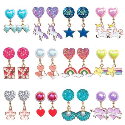 ELEMIRSA 12 Pairs Clip On Earrings Girl Party Favor Princess Clip on Earrings Pretend Play Unicorn Earrings for Little Girl Kids Toddlers Jewelry Set