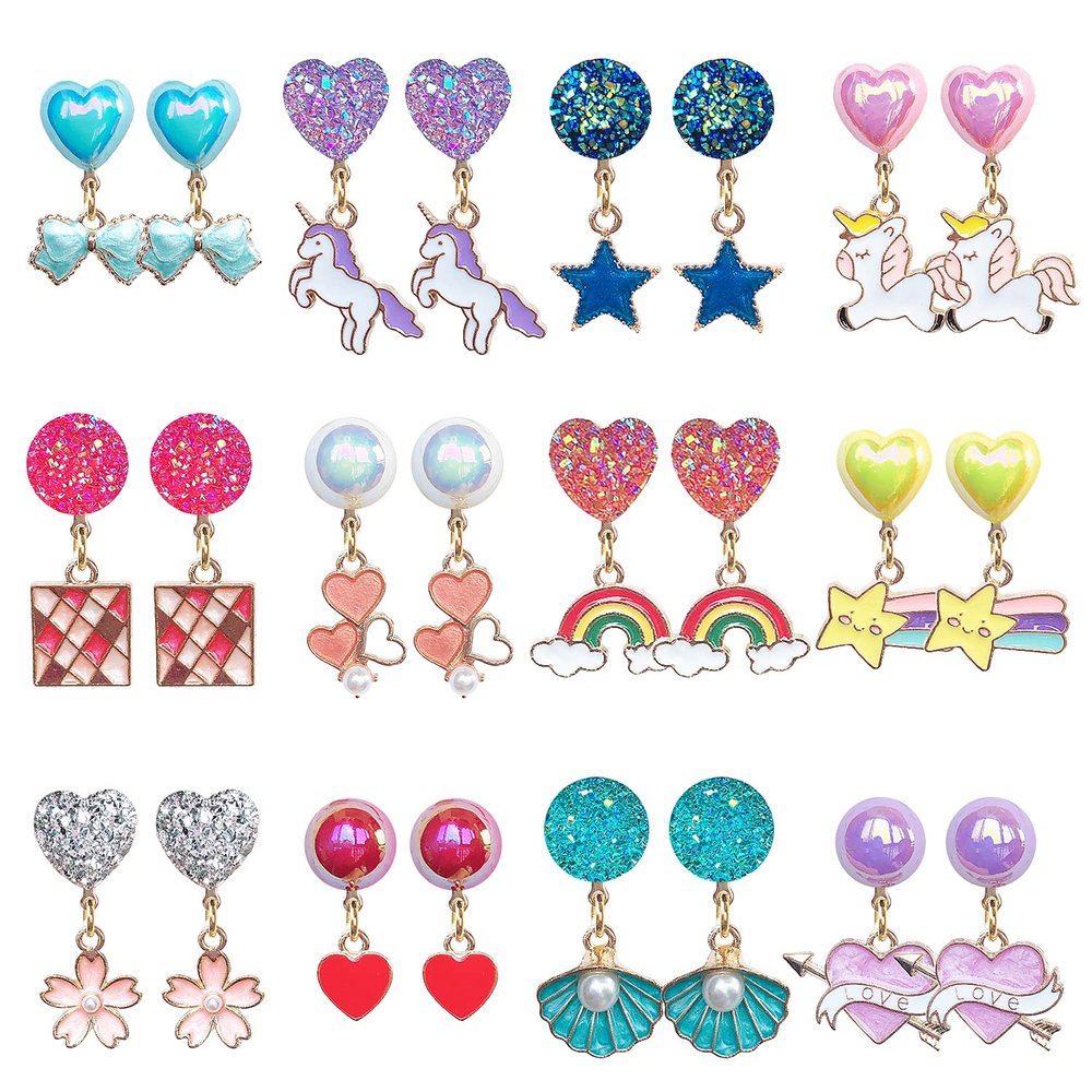 ELEMIRSA 12 Pairs Clip On Earrings Girl Party Favor Princess Clip on Earrings Pretend Play Unicorn Earrings for Little Girl Kids Toddlers Jewelry Set