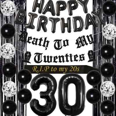 Funmemoir 30th Birthday Decorations for Him Her Black Death to My Twenties Banner Rip to My 20s Sash Number 30 Happy Birthday Balloon Banner Foil Curtain for Funny Thirtieth Party Supplies