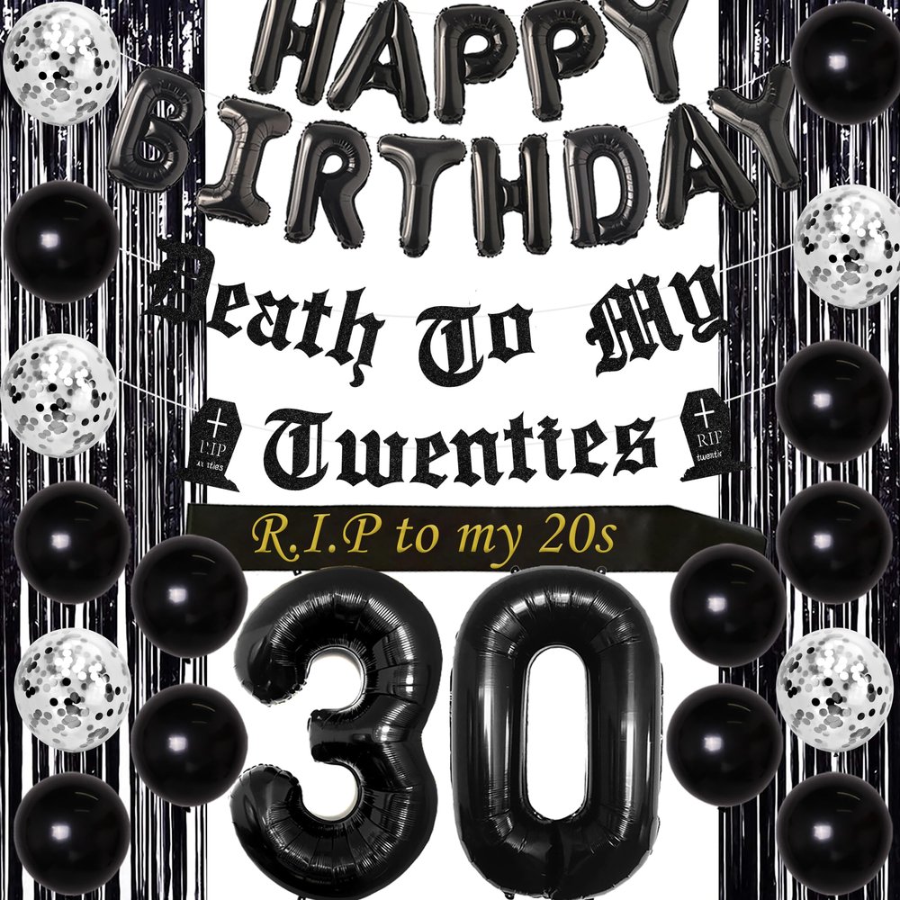 Funmemoir 30th Birthday Decorations for Him Her Black Death to My Twenties Banner Rip to My 20s Sash Number 30 Happy Birthday Balloon Banner Foil Curtain for Funny Thirtieth Party Supplies