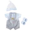 JC Toys | Berenguer Boutique | Baby Doll Outfit | Gray Overall Shorts with Blue Stripes | Includes Headband and Booties | Ages 2+ | Fits Dolls 14"- 16" view 1