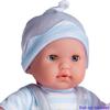 JC Toys | Berenguer Boutique | Baby Doll Outfit | Gray Overall Shorts with Blue Stripes | Includes Headband and Booties | Ages 2+ | Fits Dolls 14"- 16" view 2
