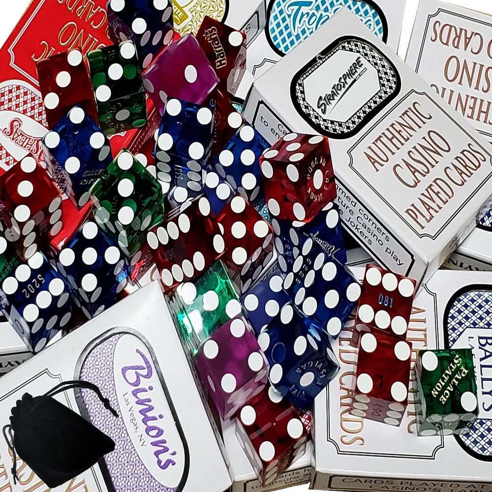Cyber-Deals Authentic Las Vegas Casino Playing Cards and Nevada Casino Craps Dice, Randomly Bundled in Black Velvet Storage Pouch (4pc Bundle II: 2pr Dice, 1 Deck, 1 Pouch)