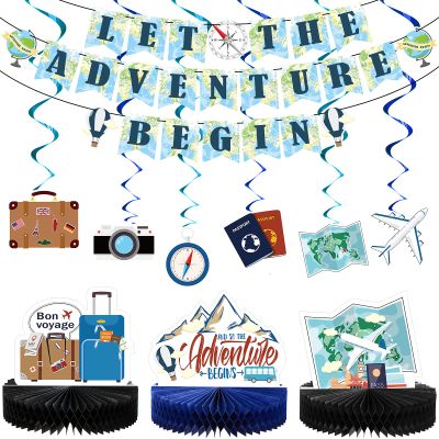16 Pieces Travel Themed Party Decorations Bon Voyage Decorations Let the Adventure Begin Banner Honeycomb Centerpieces Hanging Swirls for travel Birthday Baby Shower Retirement Farewell Party Supplies