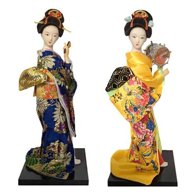 Lllunimon 2 Pcs Japanese Lovely Geisha Figurines Dolls with Beautiful Kimono Home Decoration Miniatures Blue & Yellow