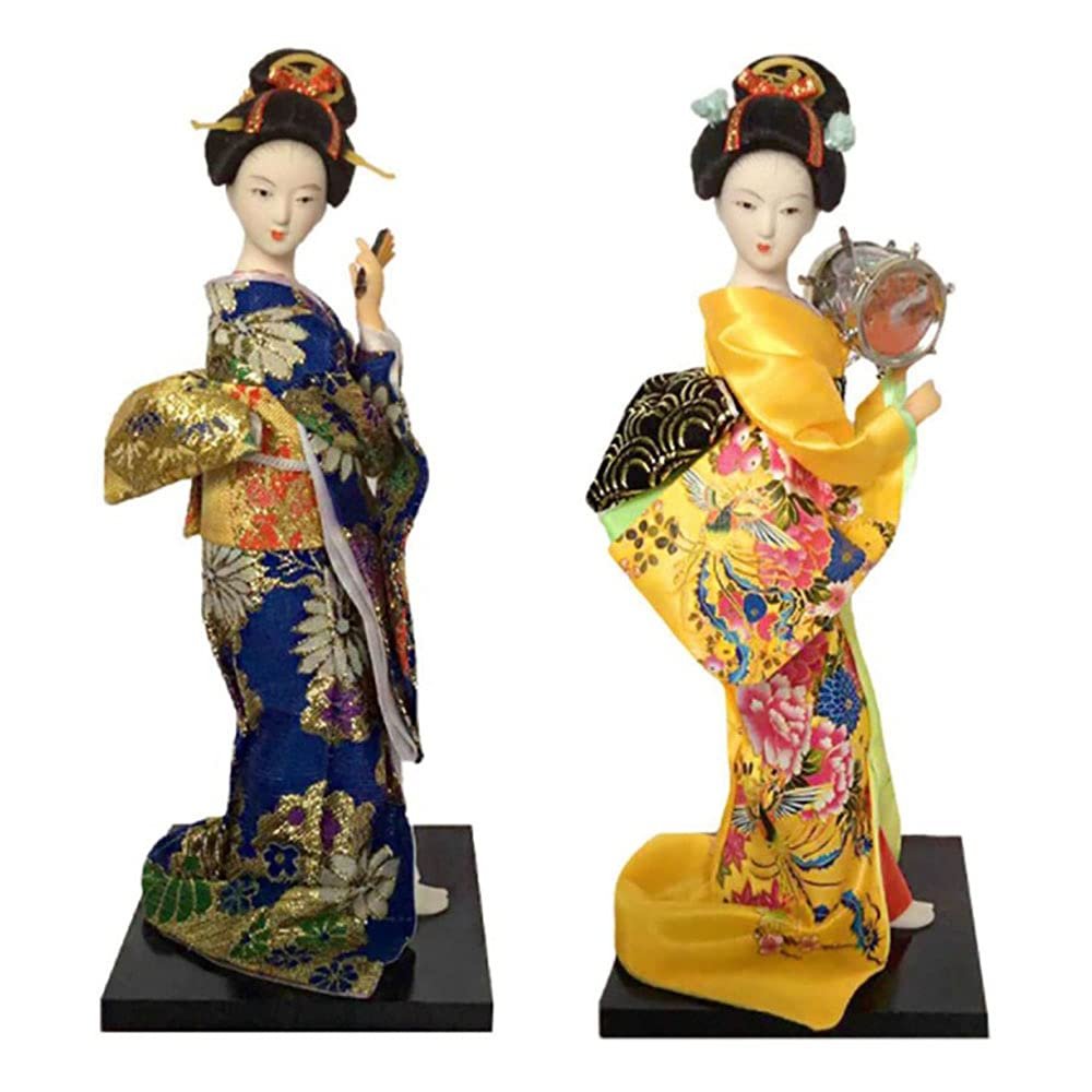Lllunimon 2 Pcs Japanese Lovely Geisha Figurines Dolls with Beautiful Kimono Home Decoration Miniatures Blue & Yellow