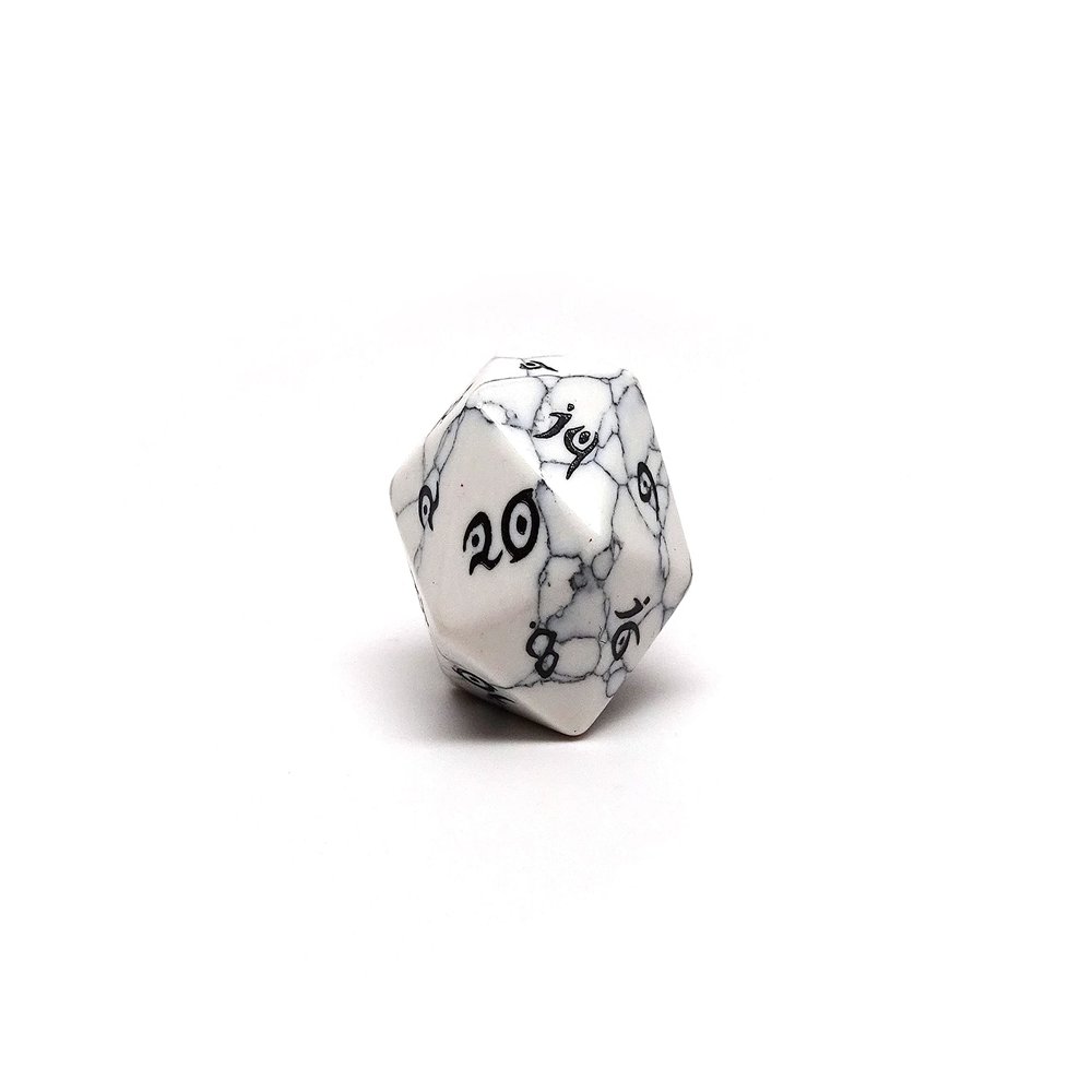 Single D20 Semi Precious Stone Dice with Elvenkind Font (White Howlite)