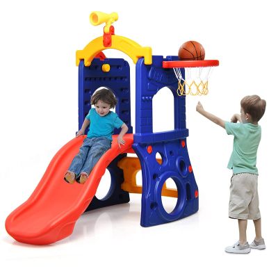BABY JOY 6 in 1 Slide for Kids, Toddler Climber Slide Set with Basketball Hoop, Ring Toss, Telescope, Loop and Steering Wheel, Freestanding Kids Slide for Both Indoors Outdoor Use Gift Present