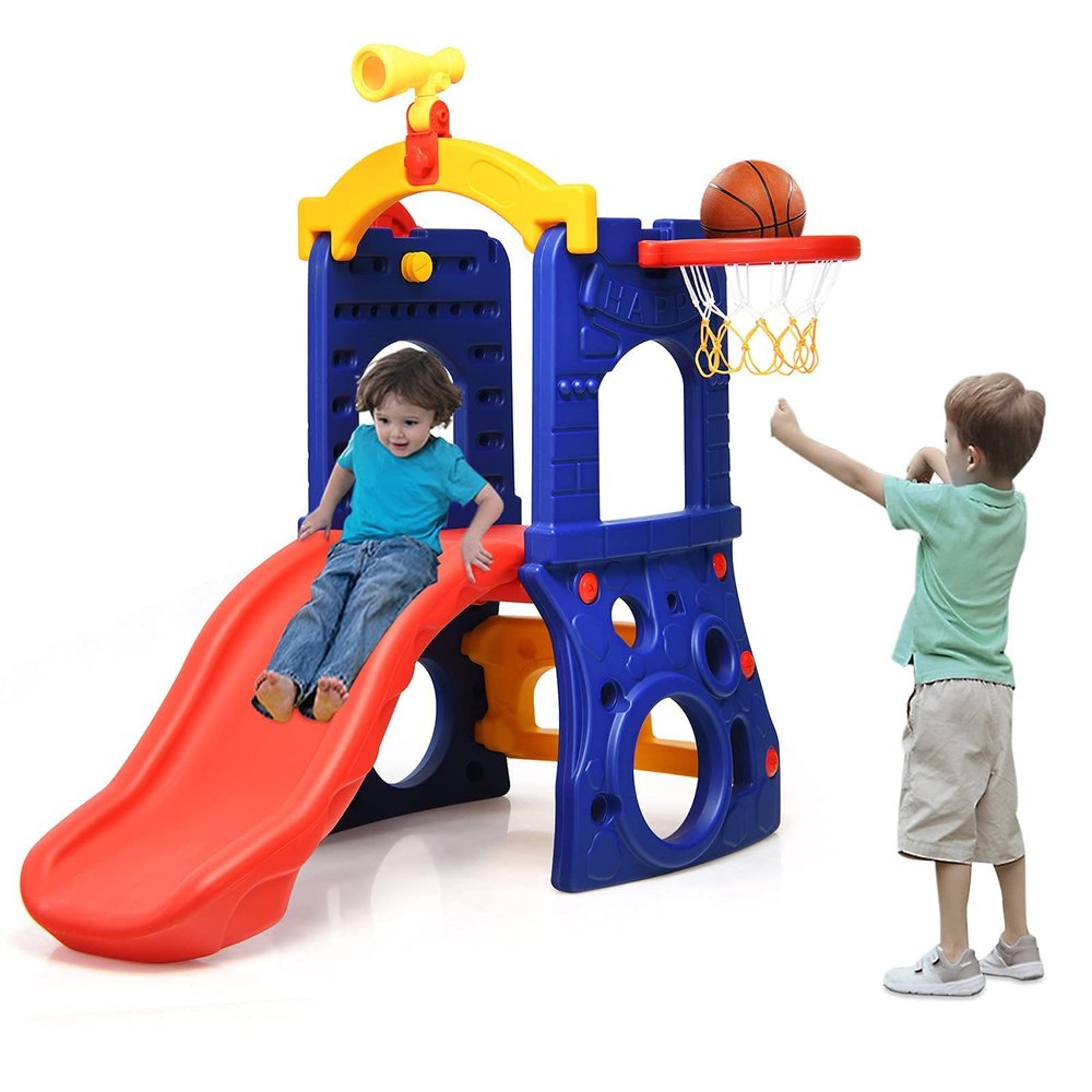 BABY JOY 6 in 1 Slide for Kids, Toddler Climber Slide Set with Basketball Hoop, Ring Toss, Telescope, Loop and Steering Wheel, Freestanding Kids Slide for Both Indoors Outdoor Use Gift Present