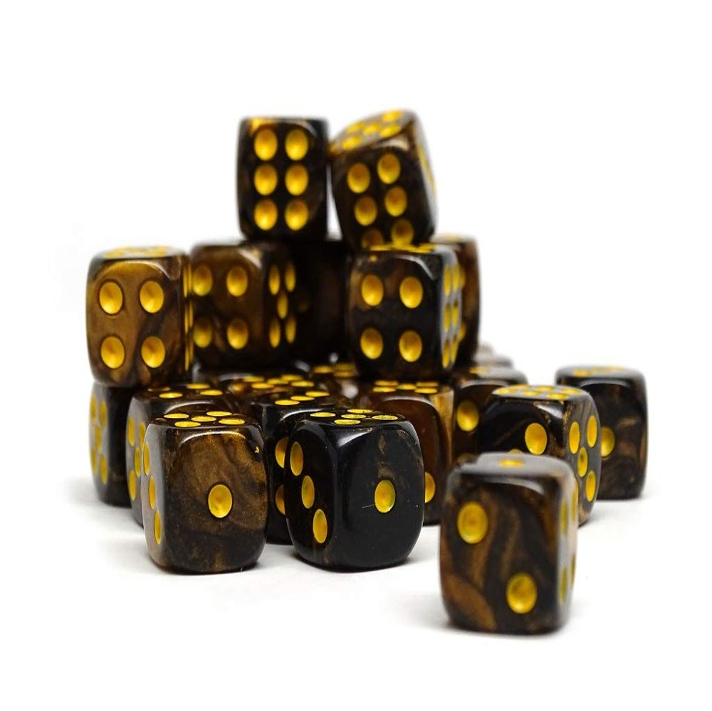 25 Count Pack of 12mm D6 Dice - Matching Collection of 6 Sided Dice with Pips (Yellow and Black Granite)