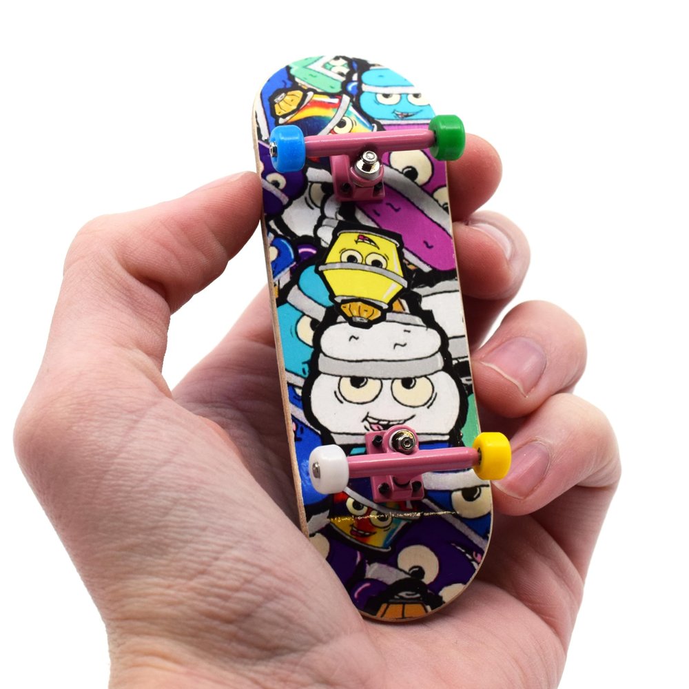 Teak Tuning Complete Fingerboard - Bubble Bushing Collage Edition - Premium Heat Transfer Graphic - Pro Shape & Size - Bearing Wheels, Trucks, 61A Duro Bushings - 32mm x 97mm Deck