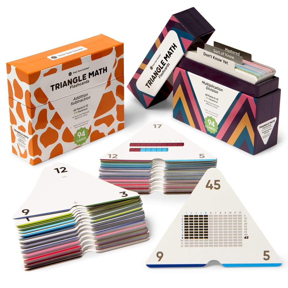 Award-Winning Triangle Math Flash Cards  752 Facts (Add, Subtract, Multiply & Divide)  Grades K6  Visual Aids, Color-Coded, Mastery Sorting System